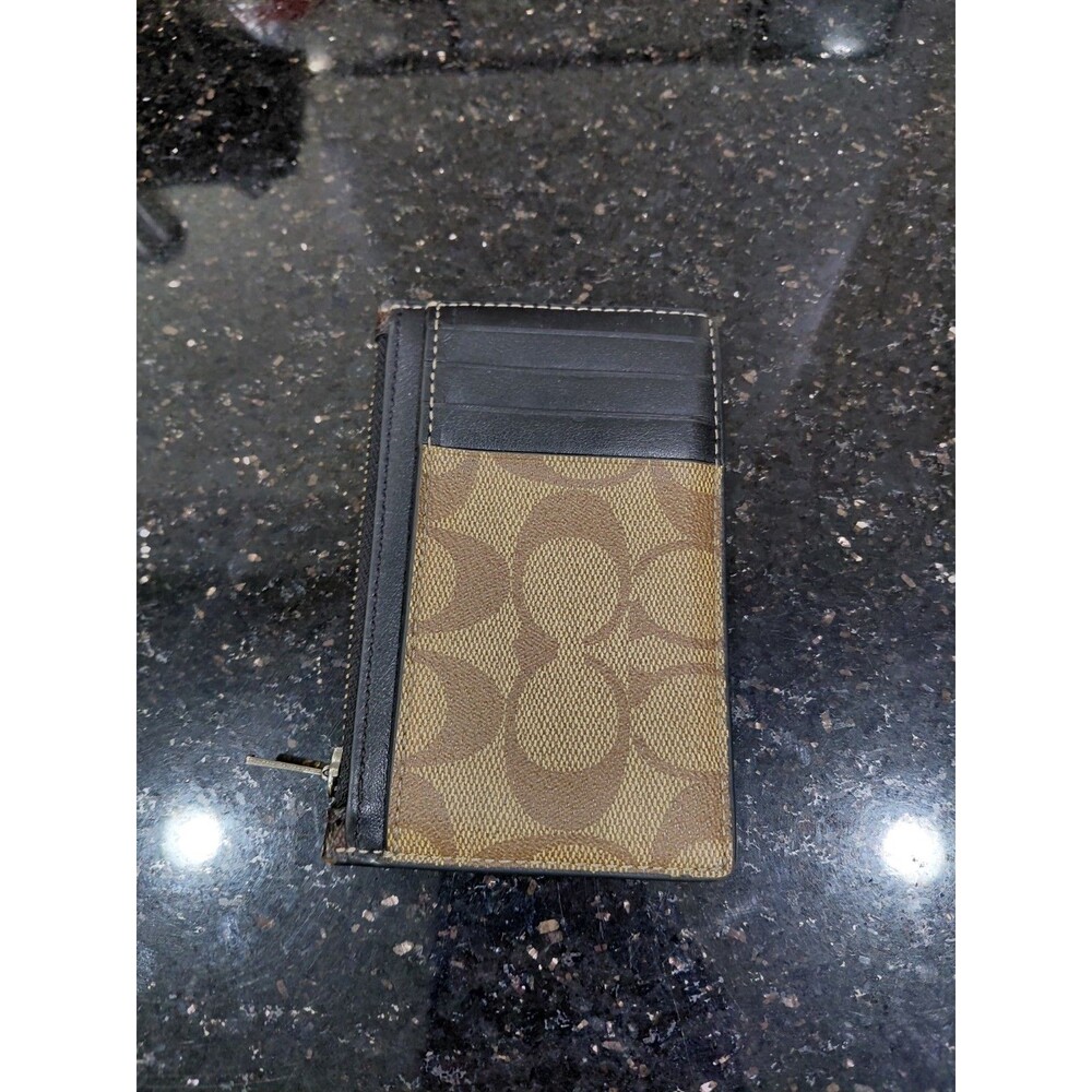 Coach  Zip Card Case In Blocked Signature Canvas Gunmetal/Mahogany/Khaki